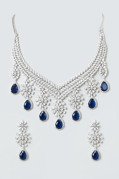White Finish Zircon & Blue Drop Stones Necklace Set