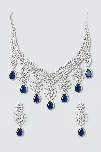 White Finish Zircon & Blue Drop Stones Necklace Set