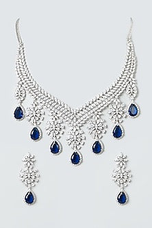 White Finish Zircon & Blue Drop Stones Necklace Set