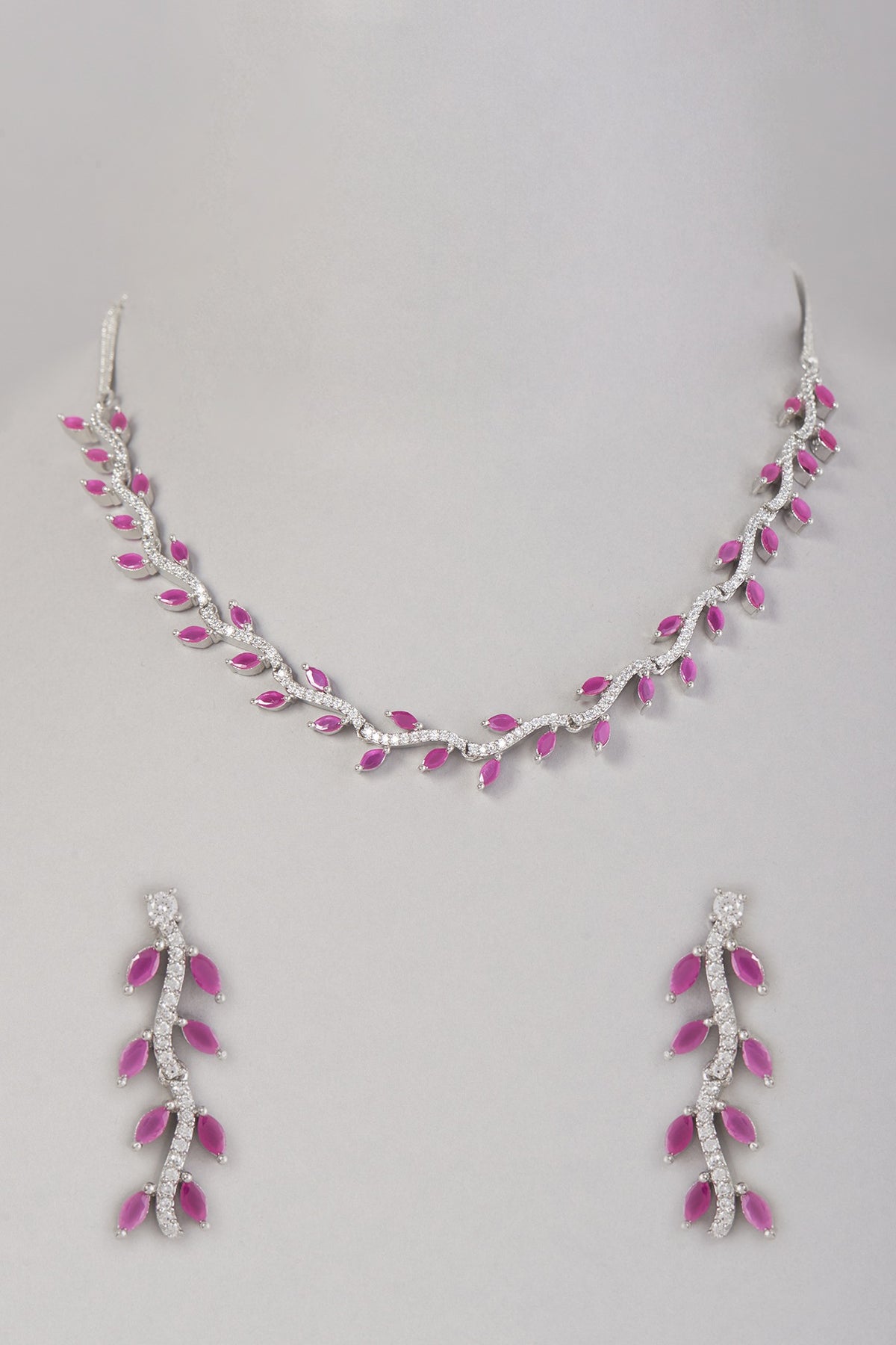 White Finish Zircon & Pink Stone Necklace Set