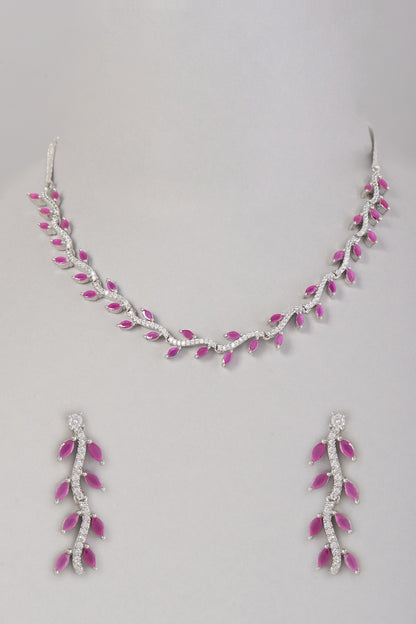 White Finish Zircon & Pink Stone Necklace Set