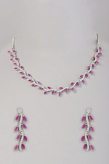 White Finish Zircon & Pink Stone Necklace Set