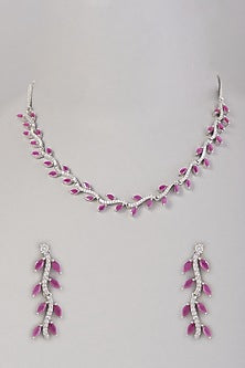 White Finish Zircon & Pink Stone Necklace Set