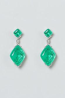 White Finish Green Stone Earrings