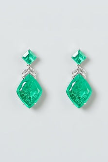White Finish Green Stone Dangler Earrings