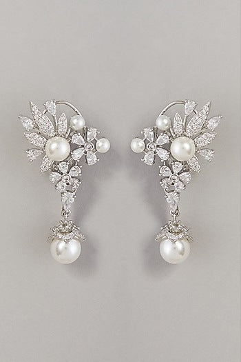 White Finish Zircon & Pearl Dangler Earrings