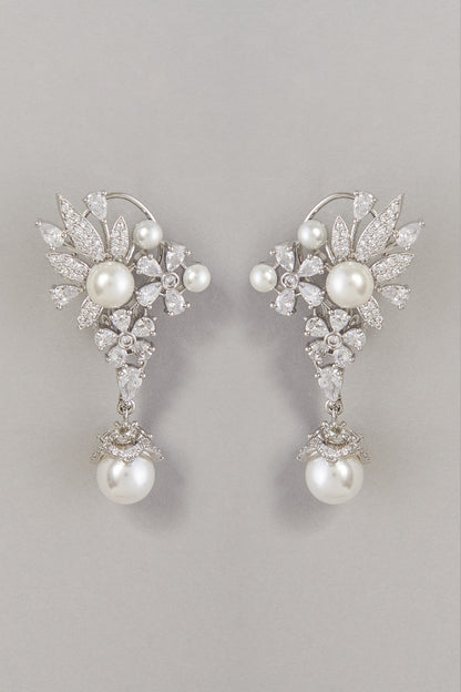 White Finish Zircon & Pearl Dangler Earrings