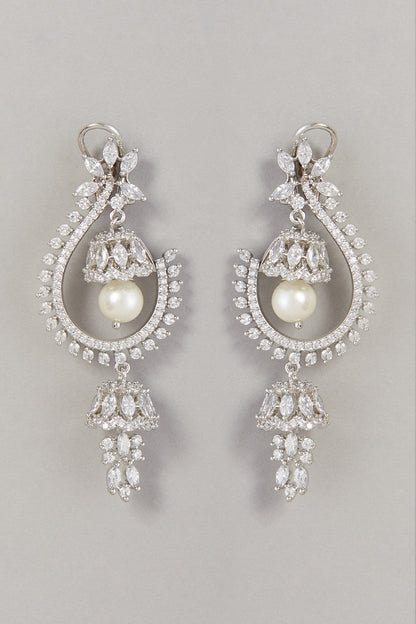 White Finish Pearl & Zircon Dangler Earrings
