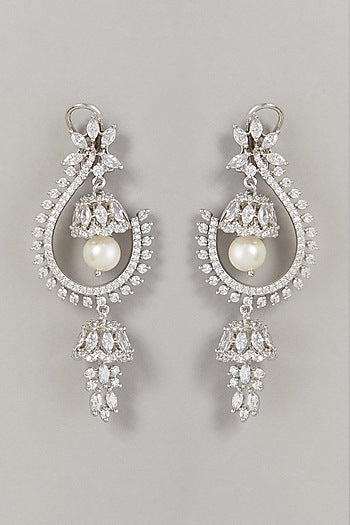 White Finish Pearl & Zircon Dangler Earrings