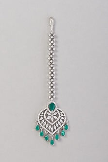 White Finish Zircon & Green Stone Maangtikka