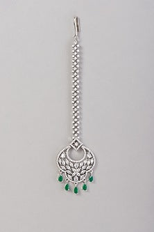 White Finish Zircon & Green Stone Maangtikka