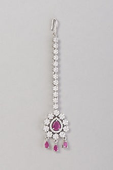 White Finish Zircon & Red Stone Maangtikka