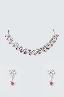 White Finish Zircon & Pink Stone Necklace Set