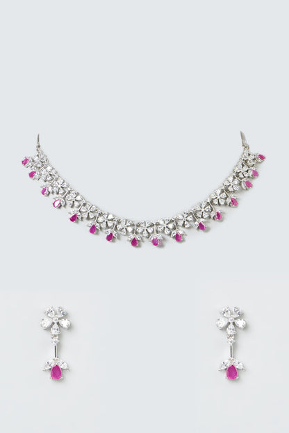 White Finish Zircon & Pink Stone Necklace Set