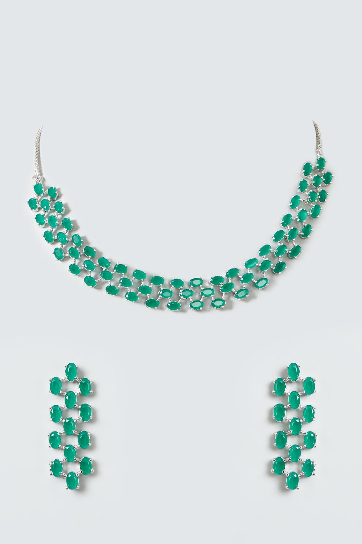White Finish Green Drop Stones & Zircon Necklace Set