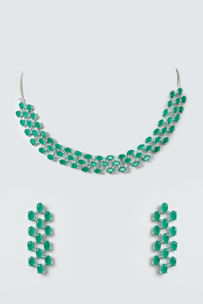 White Finish Green Drop Stones & Zircon Necklace Set