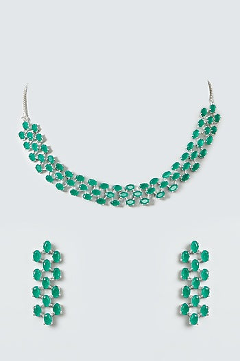 White Finish Green Drop Stones & Zircon Necklace Set