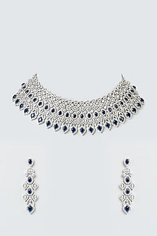 White Finish Blue Stone & Zircons Choker Necklace Set