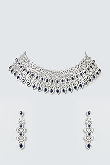 White Finish Blue Stone & Zircons Choker Necklace Set