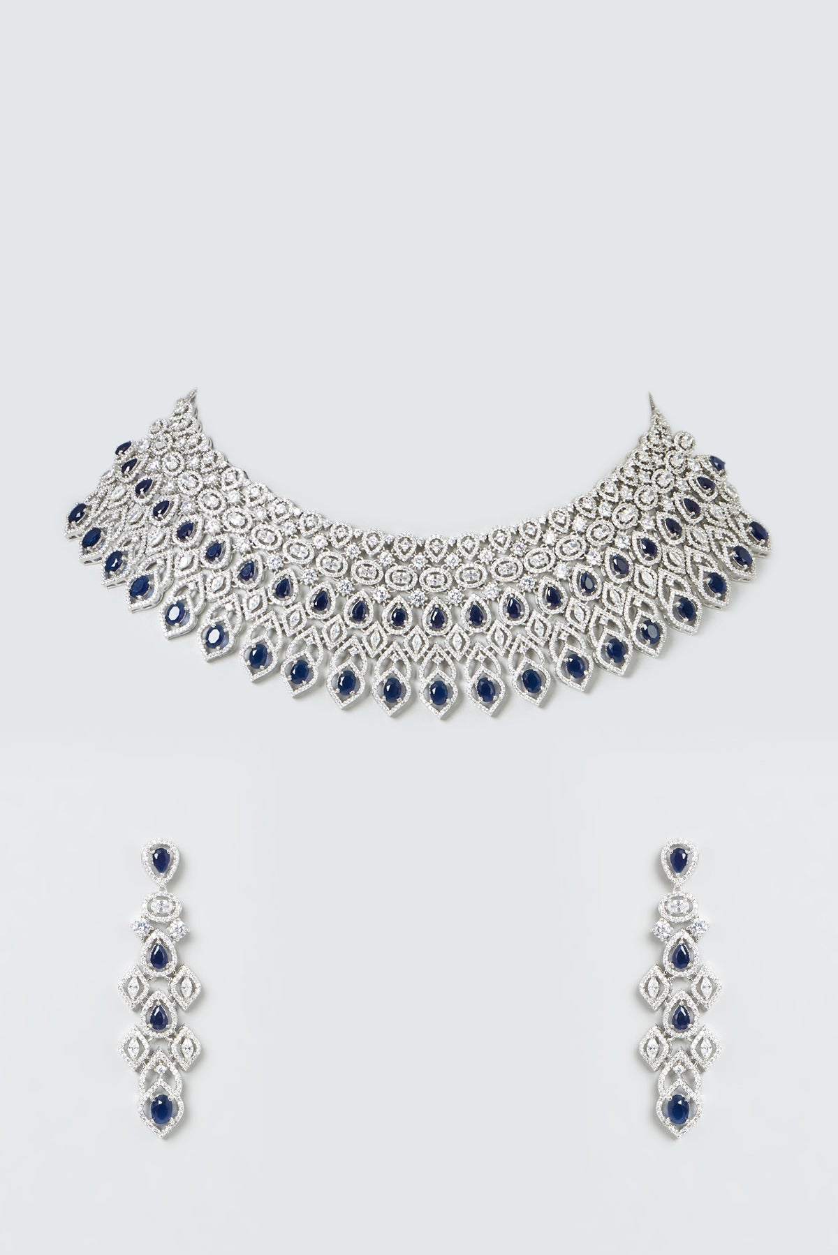 White Finish Blue Stone & Zircons Choker Necklace Set