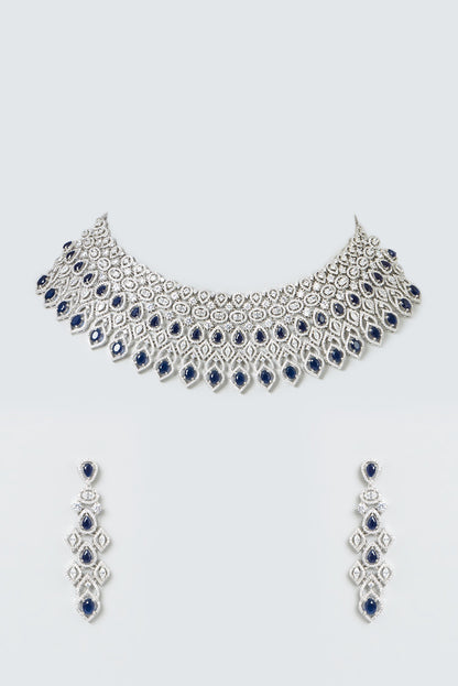 White Finish Blue Stone & Zircons Choker Necklace Set