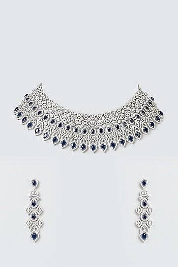 White Finish Blue Stone & Zircons Choker Necklace Set