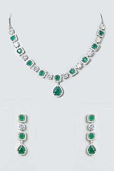 White Finish Green Stones Necklace Set