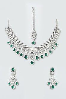 White Finish Zircon & Green Synthetic Stone Necklace Set