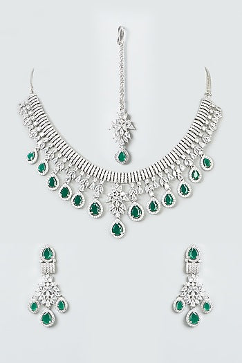 White Finish Zircon & Green Synthetic Stone Necklace Set