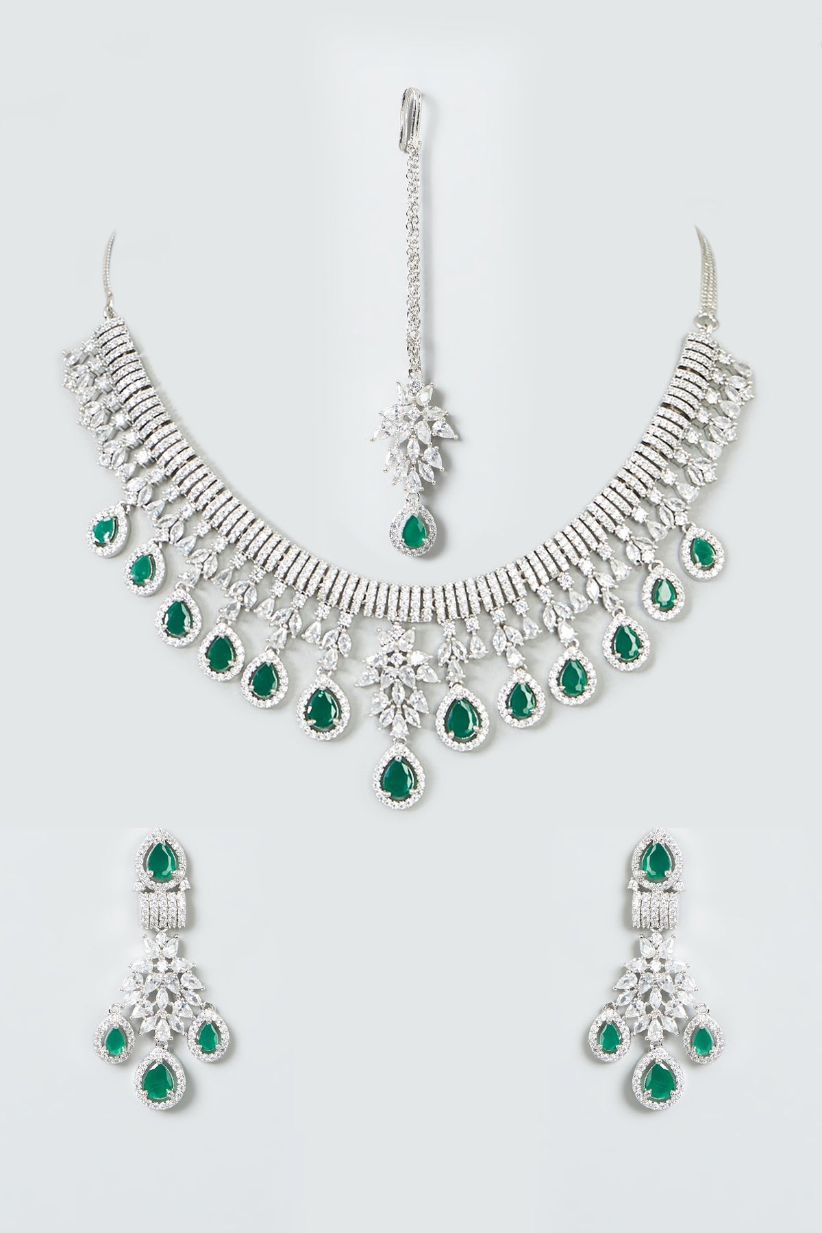 White Finish Zircon & Green Synthetic Stone Necklace Set