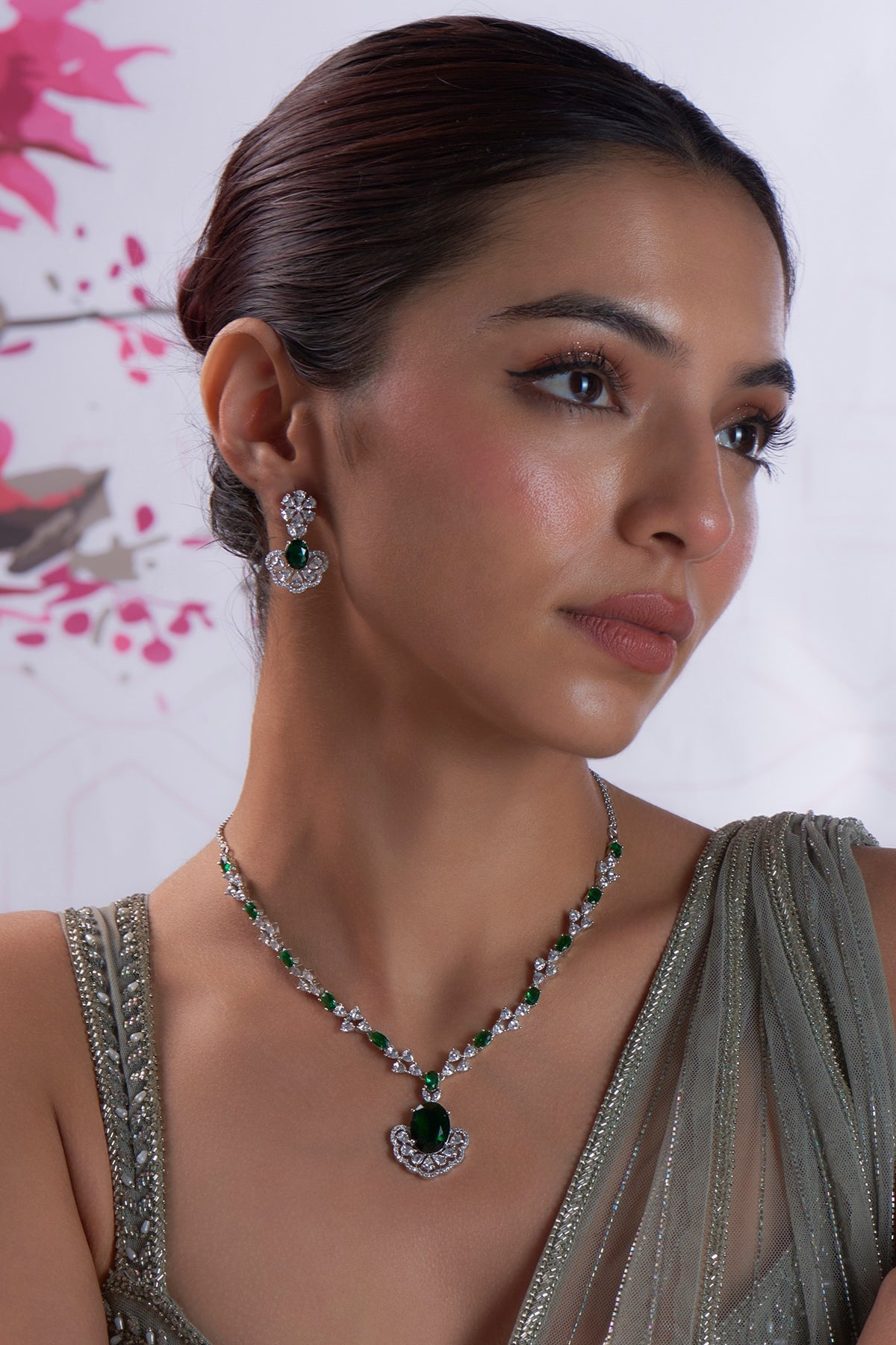 White Finish Zircon & Green Stone Necklace Set