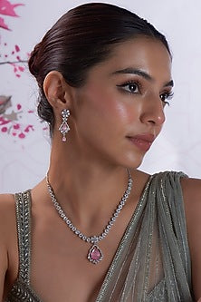 White Finish Zircon & Pink Stone Necklace Set
