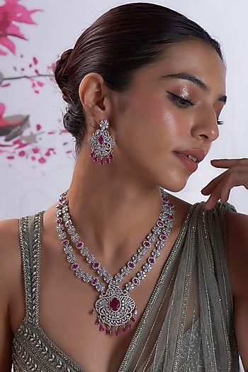White Finish Zircon & Red Stone Long Necklace Set