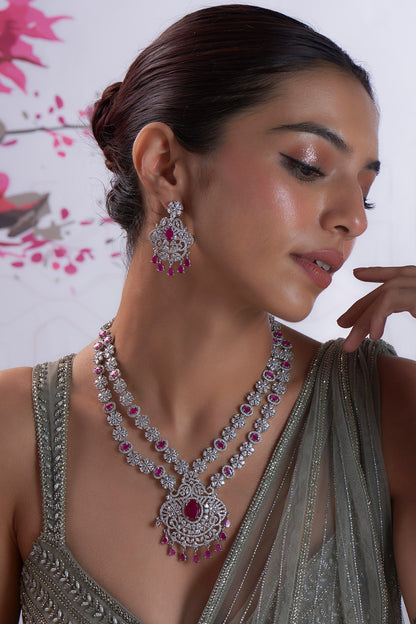 White Finish Zircon & Red Stone Long Necklace Set