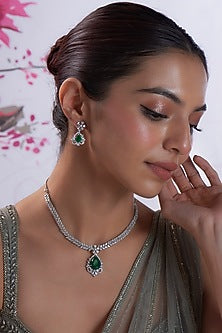White Finish Zircon & Green Stone Necklace Set