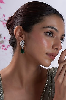 White Finish Zircon & Green Stone Dangler Earrings