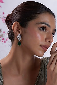 White Finish Zircon & Green Stone Dangler Earrings