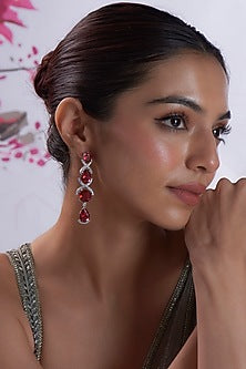 White Finish Zircon & Red Stone Dangler Earrings