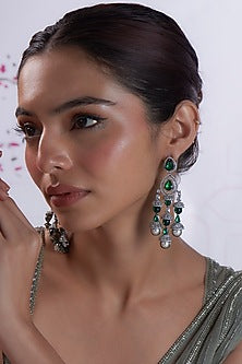 White Finish Zircon & Green Stone Dangler Earrings