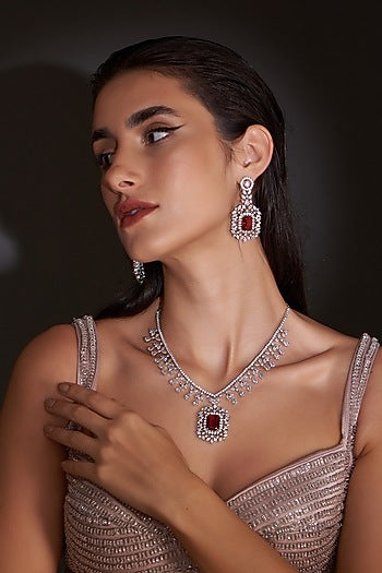 White Finish Zircon & Red Stone Necklace Set