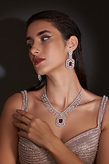 White Finish Zircon & Red Stone Necklace Set