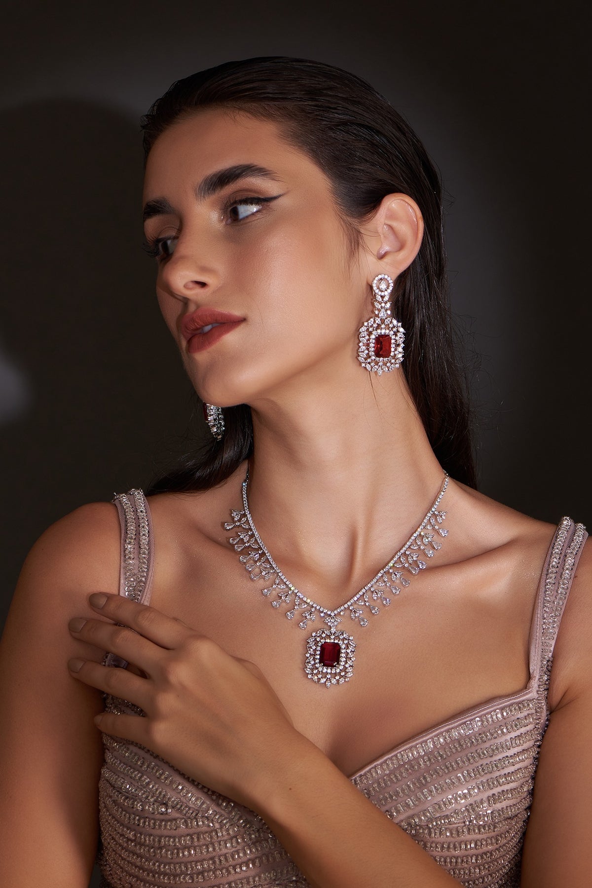 White Finish Zircon & Red Stone Necklace Set