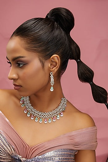 White Finish Zircon & Multi-Colored Stone Necklace Set