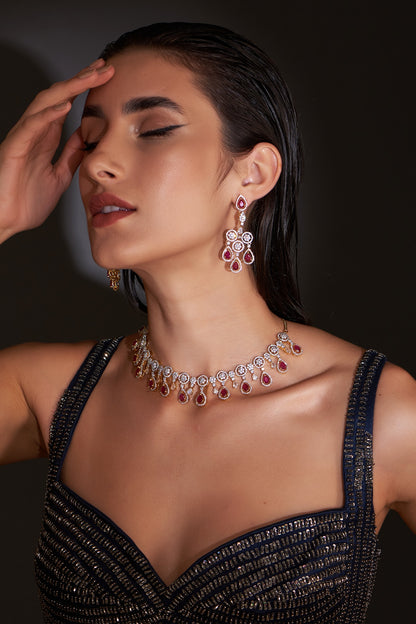 Gold Finish Zircon & Red Stone Necklace Set