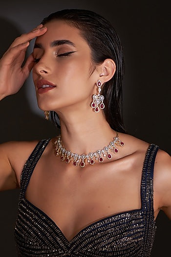 Gold Finish Zircon & Red Stone Necklace Set