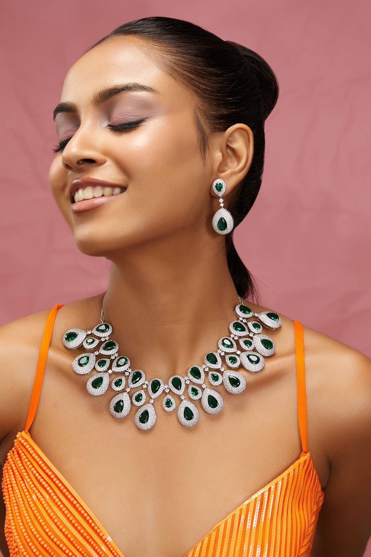 White Finish Zircon & Green Stone Necklace Set