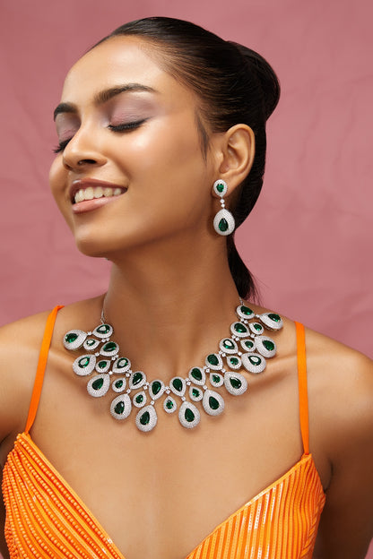White Finish Zircon & Green Stone Necklace Set