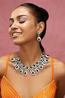 White Finish Zircon & Green Stone Necklace Set