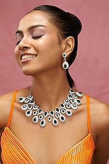 White Finish Zircon & Green Stone Necklace Set
