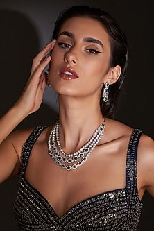White Finish Zircon & Green Stone Layered Necklace Set